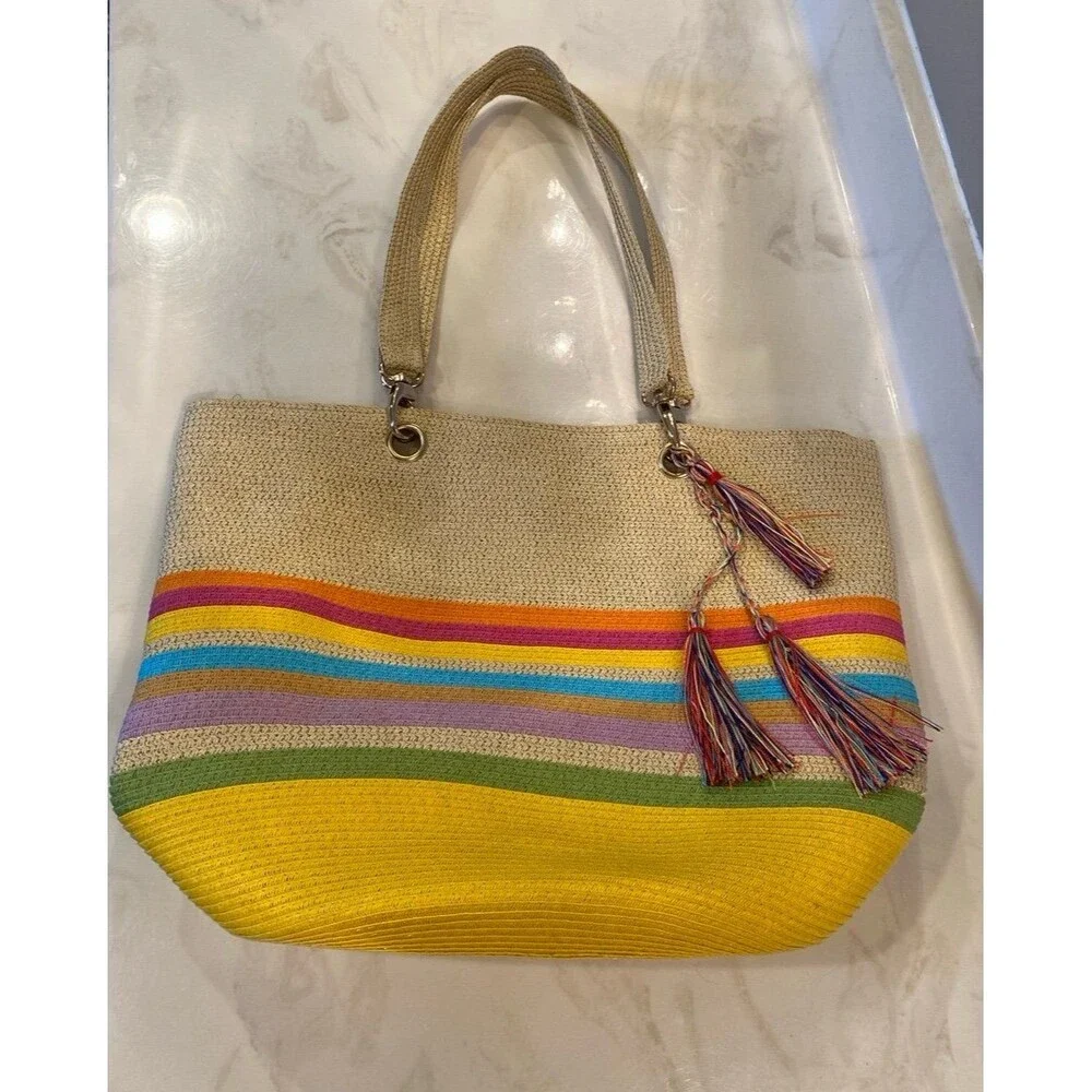 Unbranded Beach‎ Tote Bag Large Multicolor EUC Boho Metallic Tassel Shoulder Bag